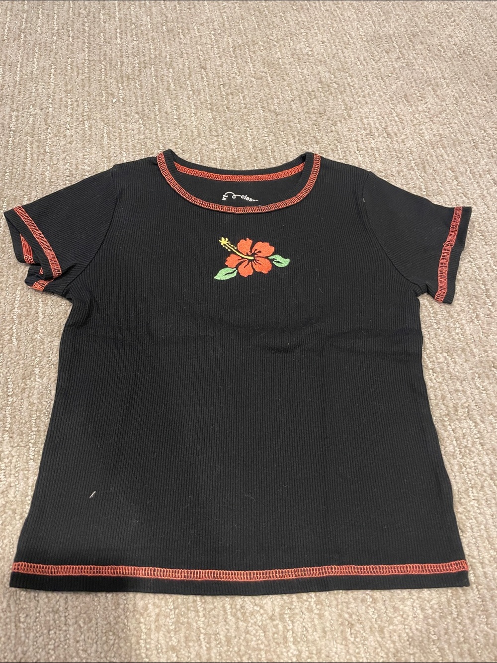 art class Black Ribbed Tee with Red Floral Embroidery